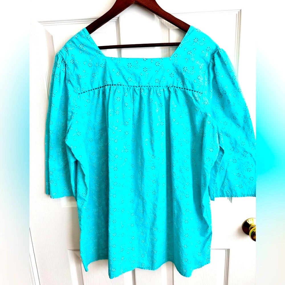 WOMENS WOMAN WITHIN TURQUOISE COTTON EYELET BLOUSON  TOP 3/4 SLEEVE   SZ 22/24